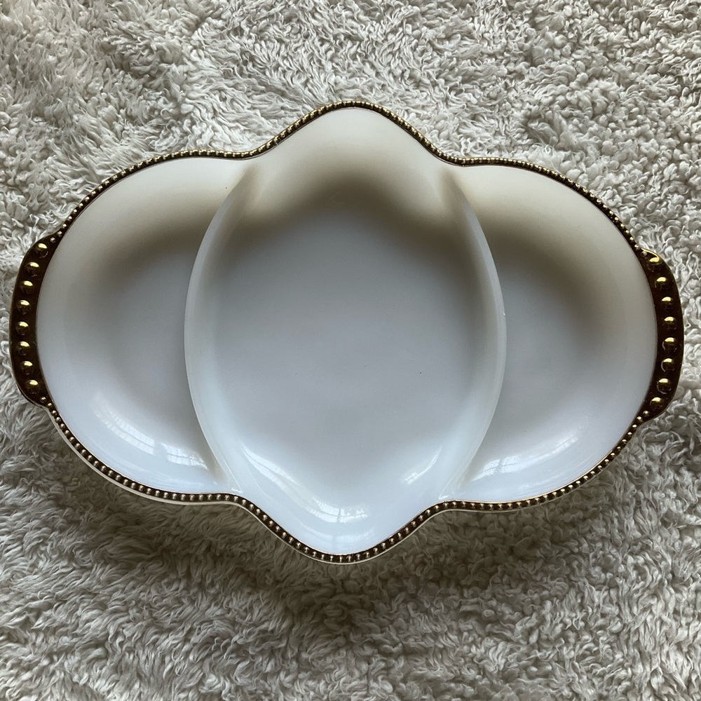 Fire King Anchor Hocking White Milk Glass and Gold Divided Platter